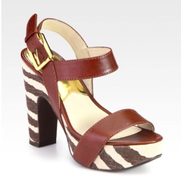 Michael Kors Ivana Mocha Zebra Animal Print Canvas Platform Sandals Heels 8.5 - Picture 1 of 10
